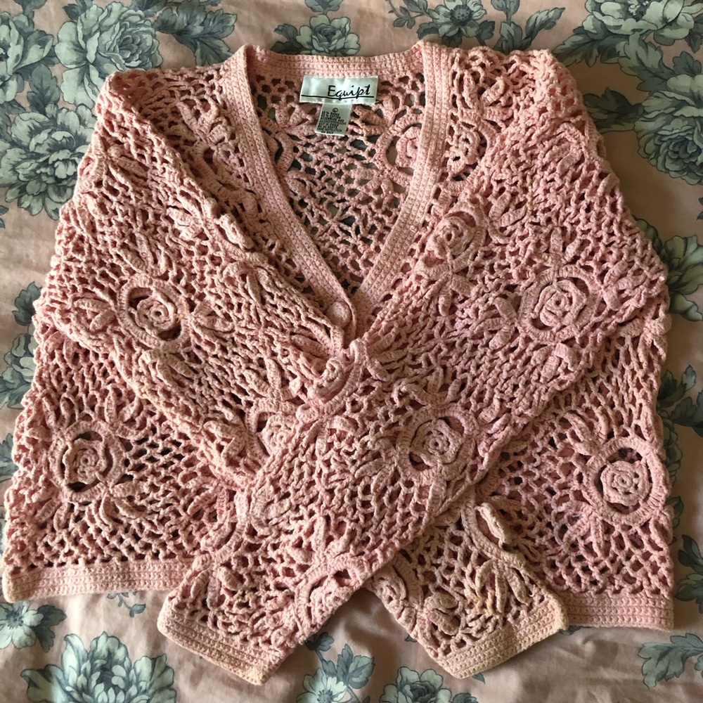 Pink crochet flower lace cardigan top vintage 90"s Equipt 90"s size L large boho - Picture 6 of 8